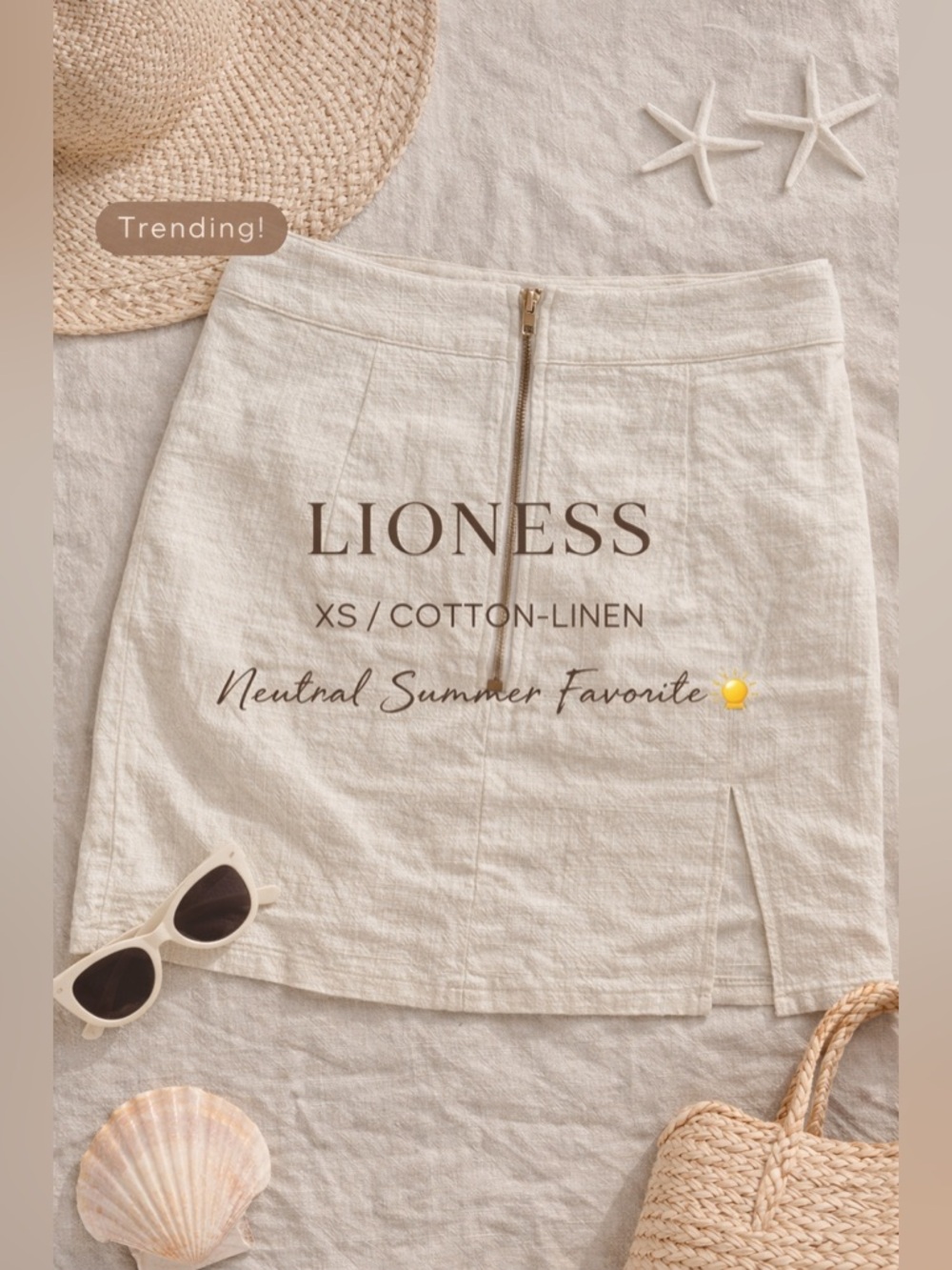 Lioness Linen Blend Mini Skirt XS Neutral High Waist Slit Summer Chic